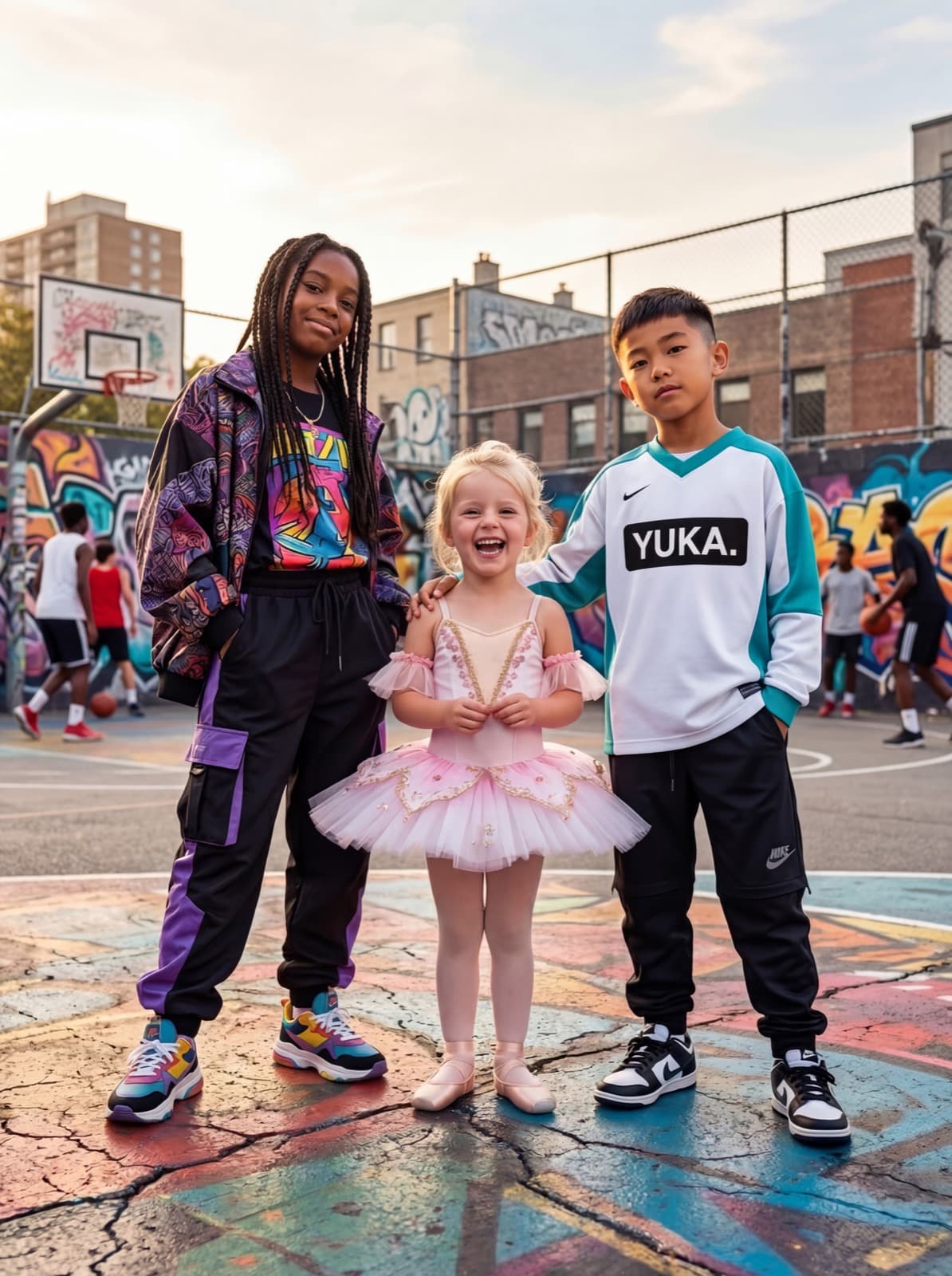 Trois enfants de Yuka Dance Academy en tenue de danse - hip-hop, ballet et streetwear, école de danse à Charleroi