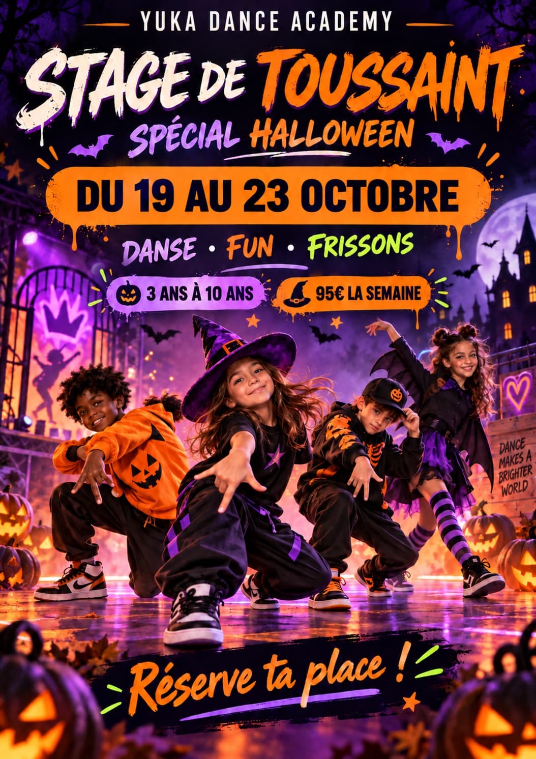 Affiche du Stage de Toussaint Spécial Halloween - danse, fun et frissons pour les enfants de 3 à 10 ans, du lundi 19 au vendredi 23 octobre 2026, 95 € la semaine, Yuka Dance Academy Charleroi